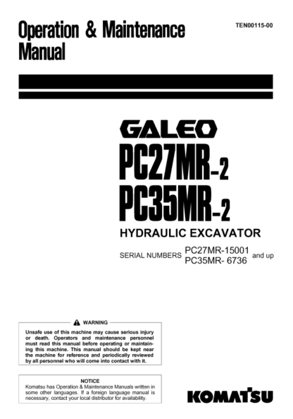 Komatsu Excavator Galeo PC27MR-2, PC35MR-2 Operation and Maintenance Manual