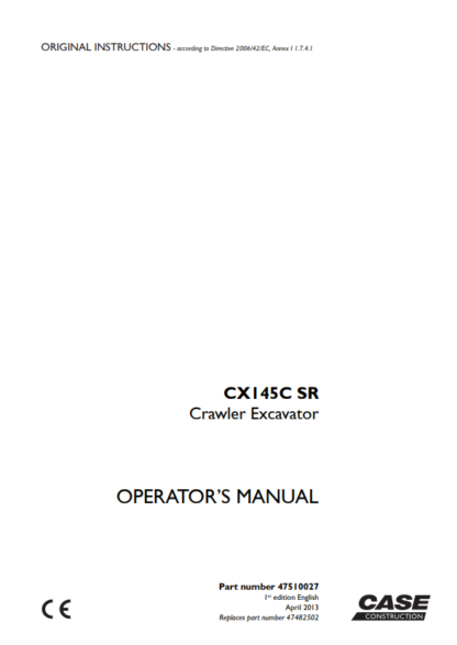 CASE Excavator CX145C SR Operation and Maintenance Manual