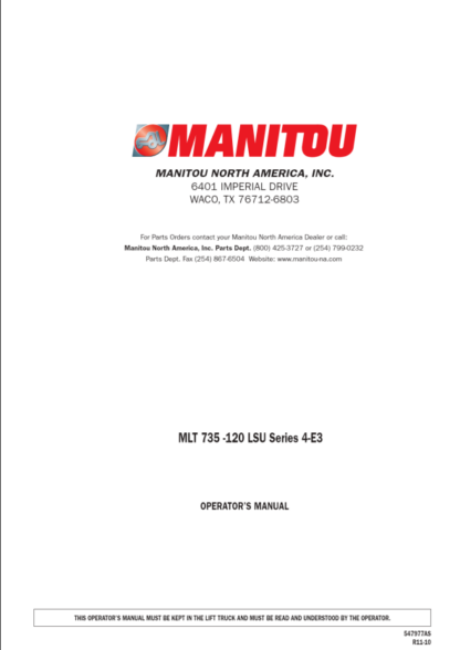 Manitou MLT 735 120 LSU - Operators Owner Maintenance Manual