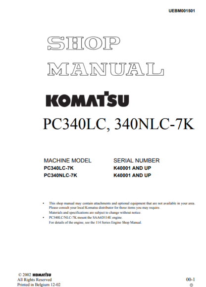 Komatsu Excavator PC340LC PC340NLC-7K Shop Manual