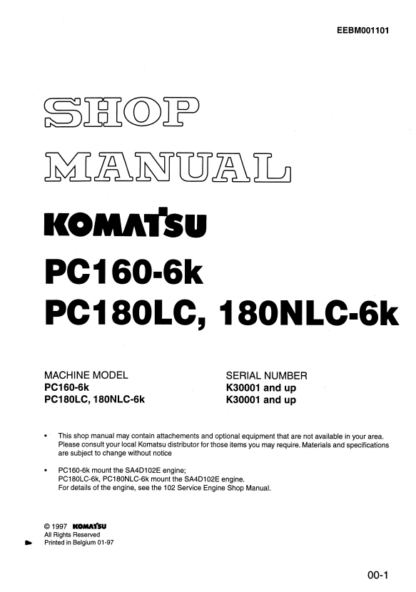 Komatsu Excavator PC160-6K PC180LC PC180NLC-6K Shop Manual