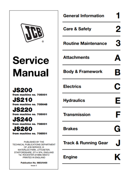 JCB Excavator JS200, JS210, JS220, JS240, JS260 Repair Manual