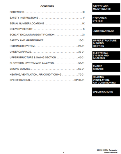 Bobcat Excavator 331 331E 334 Service Manual S/N 234+ - Image 8