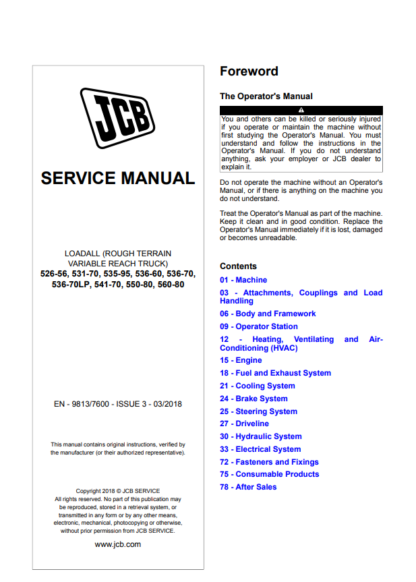 JCB 526-56, 531-70, 535-95, 536-60, 536-70, 536-70LP, 541-70, 550-80, 560-80 Telehandler Service Manual - Image 2