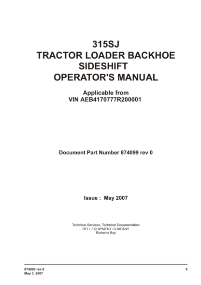 BELL TLB 315SJ Backhoe Loader Operator Manual - Image 3