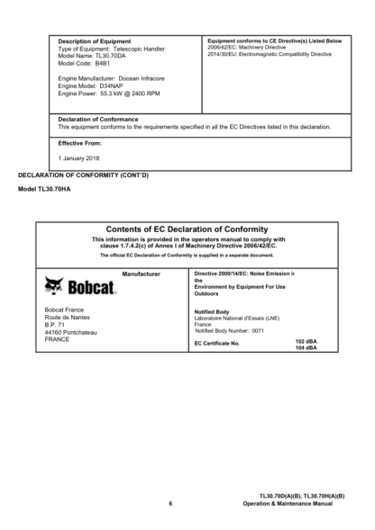 Bobcat TL30.70 Telehandler Operation Manual - Image 2