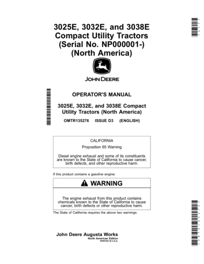 John Deere 3025E 3032E 3038E Tractor Operators Manual - Image 2