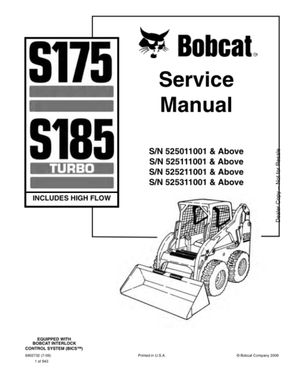 Bobcat S175 S185 Skid-Steer Loader Service Manual 5250-5253 - Image 2