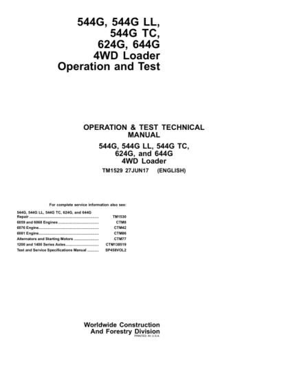 John Deere 544G 624G 644G 4WD Loader Operation and Test Manual - Image 2