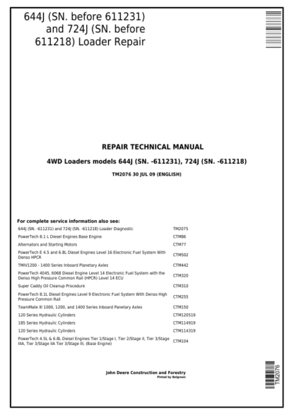 John Deere 644J 724J Loader Repair Manual - Image 2