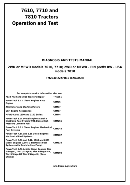 John Deere 7610 7710 7810 Tractors Operation and Test Manual - Image 2