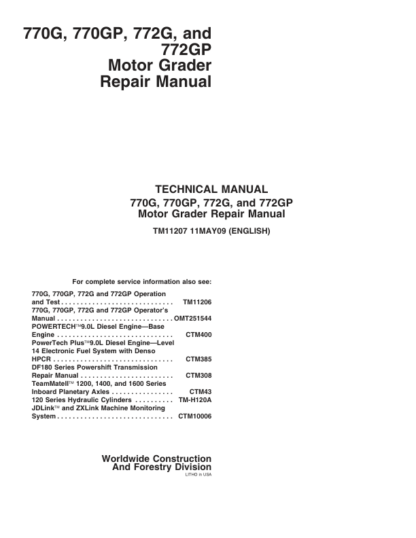 John Deere 770G 770GP 772G 772GP Motor Grader Repair Manual - Image 2
