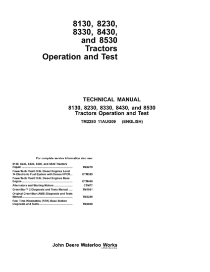 John Deere 8130 8230 8330 8430 8530 Tractors Operation and Test Manual - Image 2