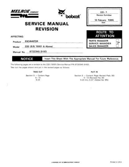 Bobcat 220 Excavator Service Manual SN 15001 - Image 5