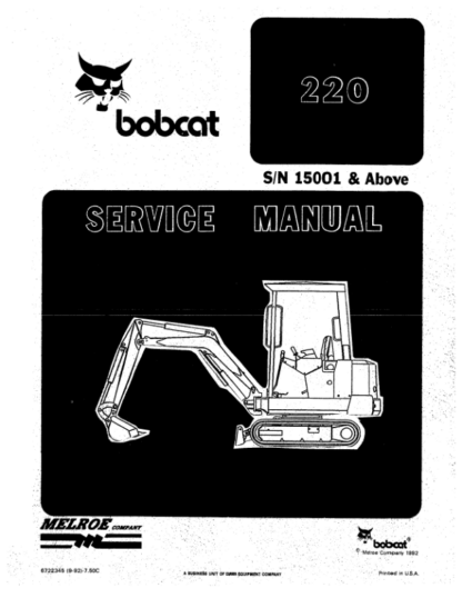 Bobcat 220 Excavator Service Manual SN 15001 - Image 2