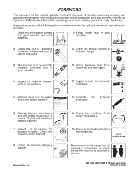 Bobcat X231 Excavator Service Manual SN 508912001 - Image 4