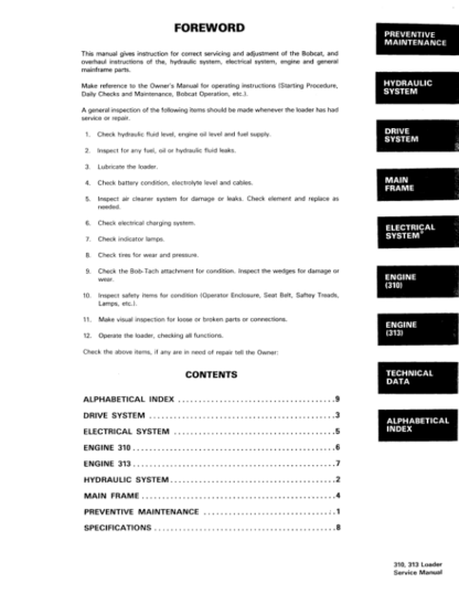 Bobcat 310 313 Skid Steer Loader Service Manual - Image 3