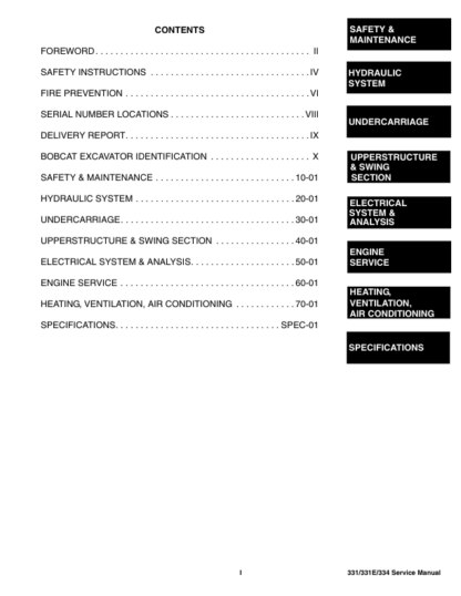 Bobcat 331 331E 334 Excavator Service Manual SN AACS11001 - Image 5