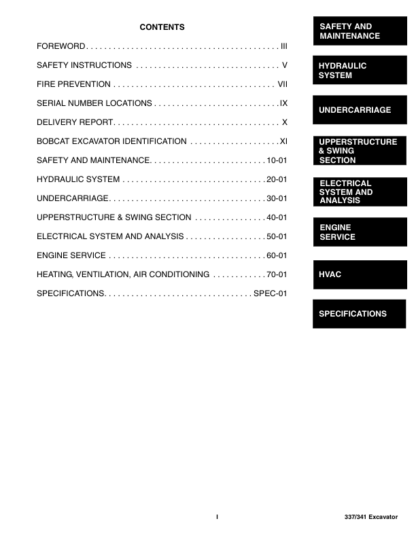Bobcat 337 341 Excavators Service Manual SN AAC811001 A9W711001 A9W911001 - Image 5