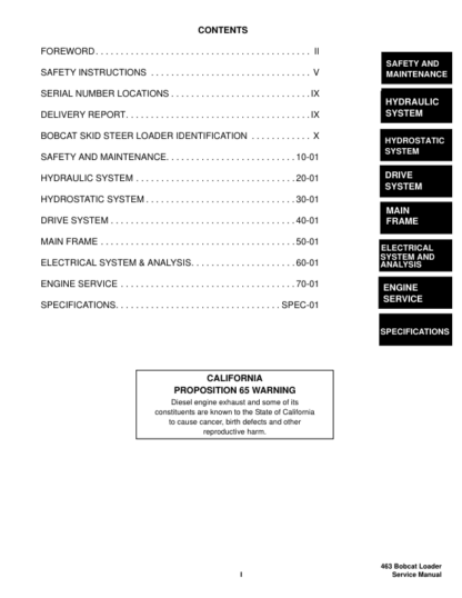 Bobcat 463 Skid Steer Loader Service Manual SN 52001100 519911001 - Image 4