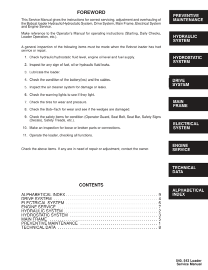 Bobcat 540 543 Loader Service Manual SN 501011999 501111999 - Image 3