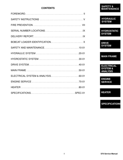 Bobcat S70 Skidsteer Loader Service Manual SN A3W611001 A3W71100 - Image 4