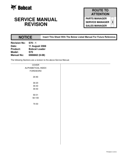 Bobcat S70 Skidsteer Loader Service Manual SN A3W611001 A3W71100 - Image 9