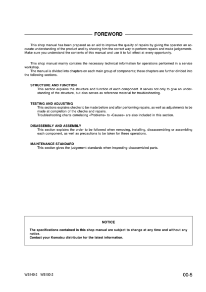 Komatsu WB140-2 WB150-2 Backhoe Loader Shop Service Manual WEBD001102 - Image 8