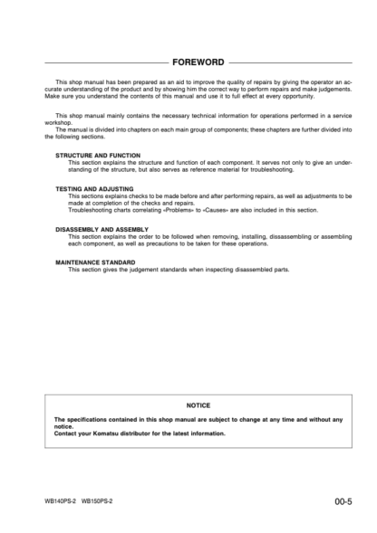 Komatsu WB140PS-2 150PS-2 Backhoe Loader Shop Service Manual WEBD002502 - Image 4