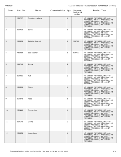 Manitou MT 1440 1840 Telescopic Handler Parts Catalog - Image 17