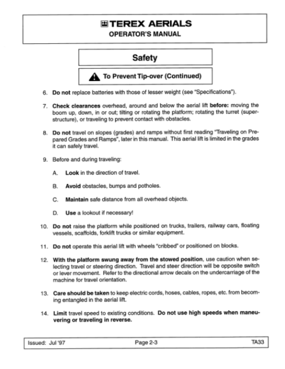 TEREX TA33 Self Propelled Articulating Boom Lift Operation Manual - Image 8