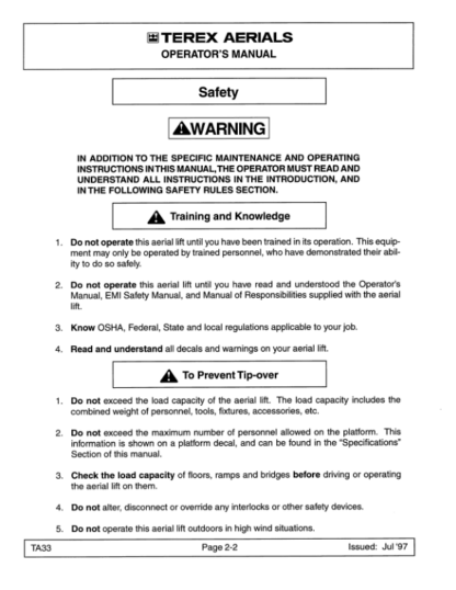 TEREX TA33 Self Propelled Articulating Boom Lift Operation Manual - Image 7