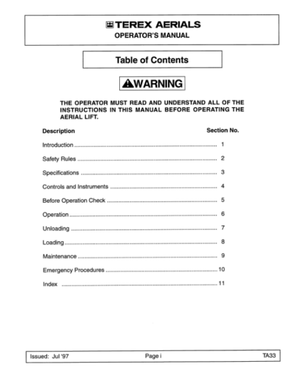 TEREX TA33 Self Propelled Articulating Boom Lift Operation Manual - Image 3