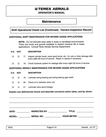 TEREX TA33 Self Propelled Articulating Boom Lift Operation Manual - Image 14
