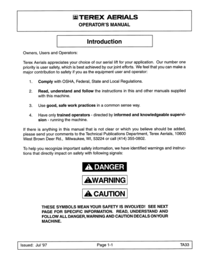 TEREX TA33 Self Propelled Articulating Boom Lift Operation Manual - Image 4