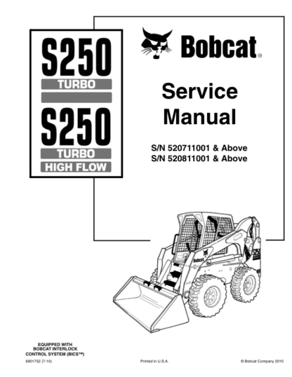 Bobcat S250 Skid Steer Loader Service Manual SN 520711001 52081001 - Image 2