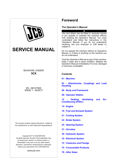 JCB 3CX Backhoe Loader Service Manual 2017+ 9813-7800 - Image 2