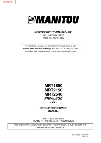 Manitou MRT1850 MRT2150 MRT2540 Telescopic Handlers Workshop Service Manual - Image 2
