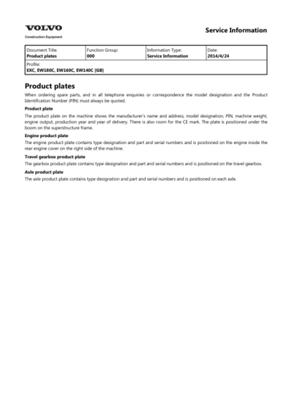 Volvo EW160C EW180C Wheeled Excavator Service Manual - Image 5