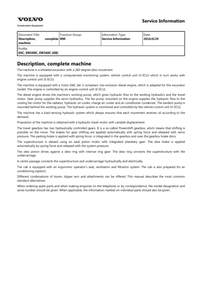 Volvo EW160C EW180C Wheeled Excavator Service Manual - Image 2