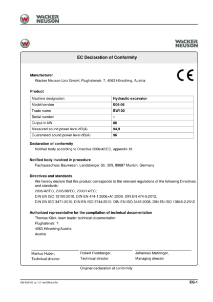 Wacker Neuson EW100 Excavator Operator Manual - Image 6