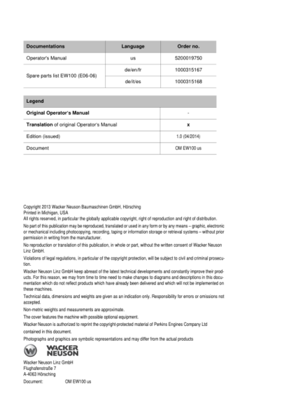 Wacker Neuson EW100 Excavator Operator Manual - Image 3
