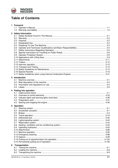 Wacker Neuson EW100 Excavator Operator Manual - Image 4