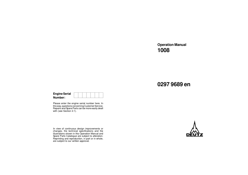 Deutz 1008 Engine Operation Manual - Image 2