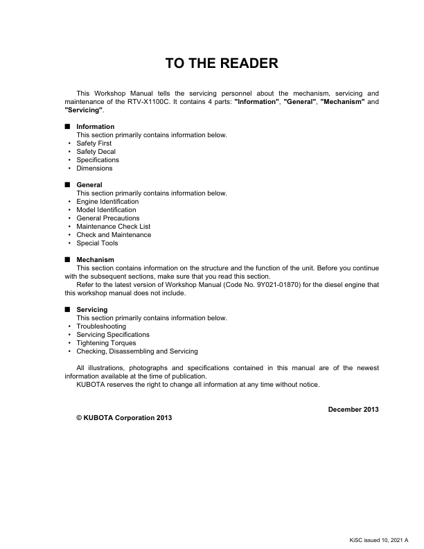 Kubota RTV X1100C Utility Vehicle Workshop Manual Rev 10-2021 - Image 3