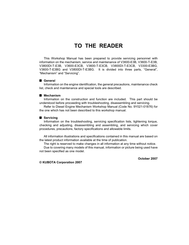 Kubota V3300 E3BG V3600 E3B V3600 T E3B V3800DI T E3B Engines Repair Manual - Image 3