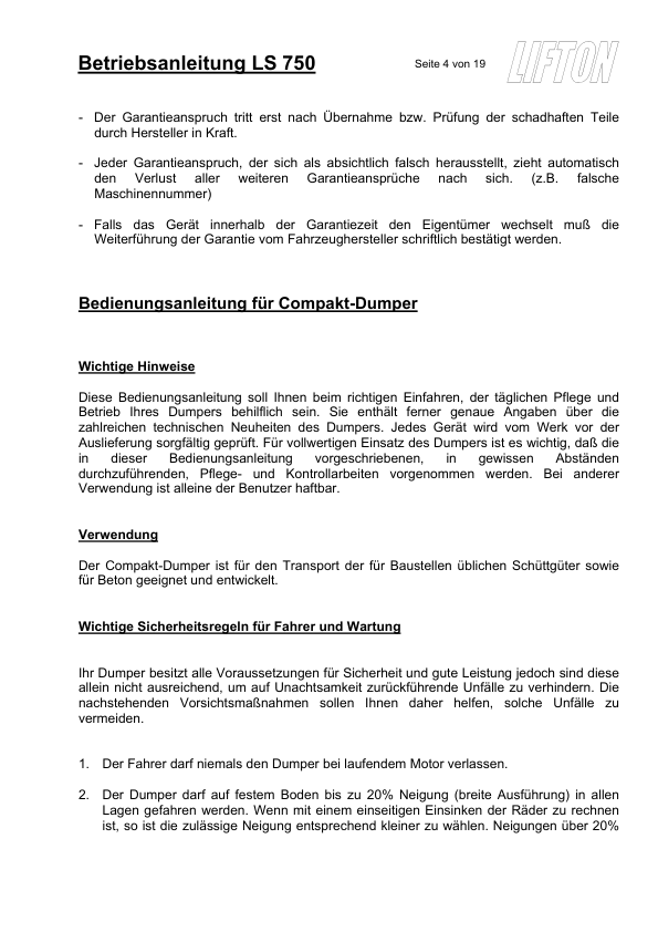 Neuson 750 1002 Dumper Operators Manual - Image 6