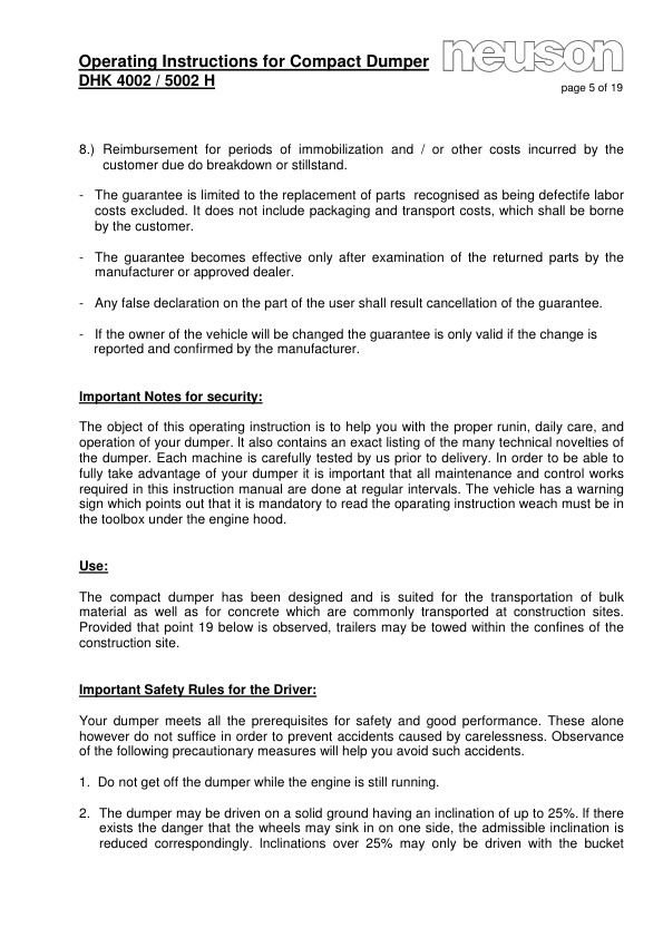 Neuson DHK 4002 5002 Dumper Operators Manual - Image 7