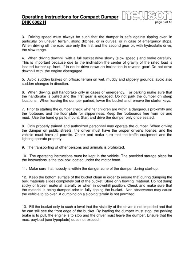 Neuson DHK 6002 Dumper Operators Manual - Image 7