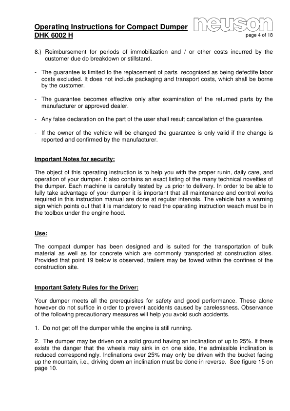 Neuson DHK 6002 Dumper Operators Manual - Image 6